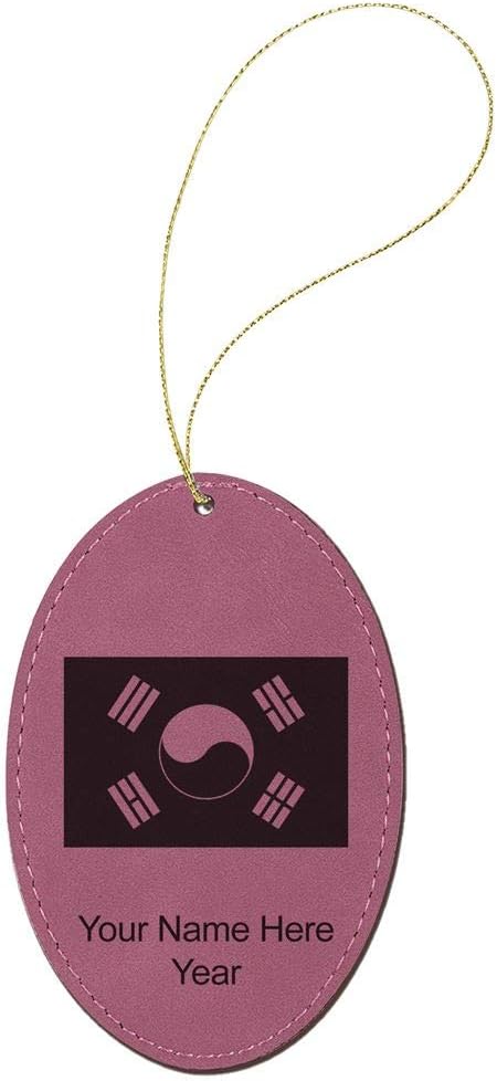 LaserGram Personalized Christmas Ornament, Flag of South Korea, Faux Leather, Custom Laser Engraved Gift Idea (Oval Shape, Pink)