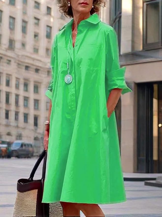 Womens 2025 Long Sleeve Button Down Shirt Summer Dress Casual V Neck Loose Fit Midi Shirt Dresses with Pockets