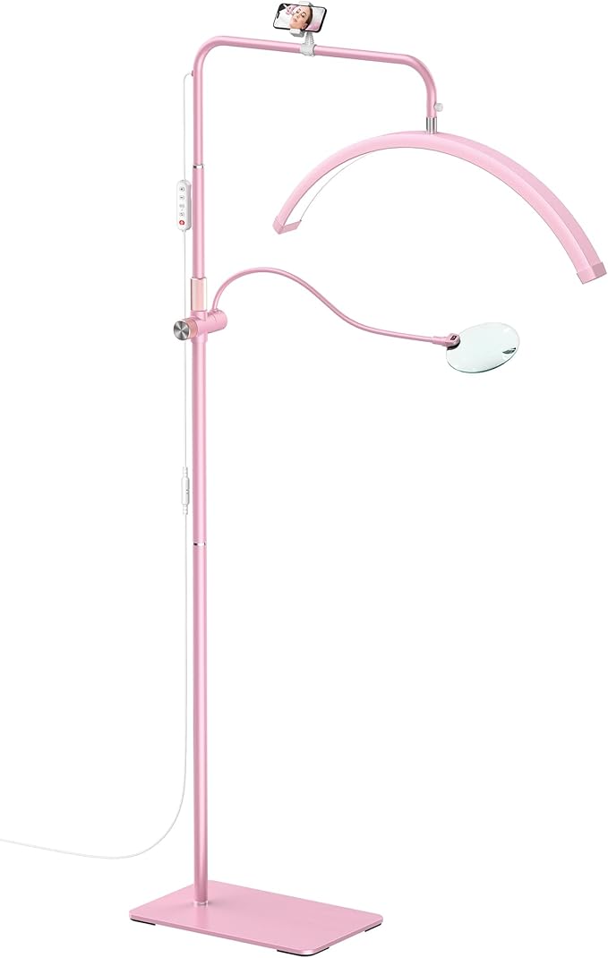 Half Moon Lash Light - Adjustable LED Floor Lash Lamp with 4X Magnifier & Phone Holder for Eyelash Extensions,Nail Art,Tattoo,Skincare,Salon SPA-Dimmable Brightness,Rotating Head, Pink