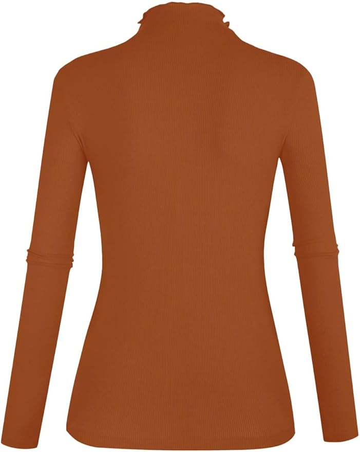 POPZONE Women's Lettuce Trim Mock Neck Long Sleeve Slim Fit Ribbed Knit Tee Shirt Tops