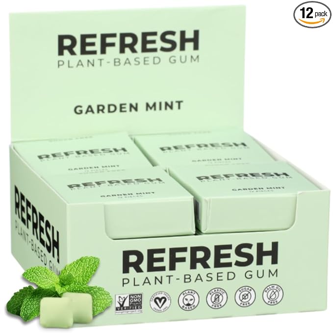 Refresh Gum, Sugar Free, Natural, Xylitol, Long Lasting Chewing Gum, Natural Flavors, Organic Ingredients, Plastic Free, Non GMO, Gluten Free, Vegan (12 Count (Pack of 12), Garden Mint)