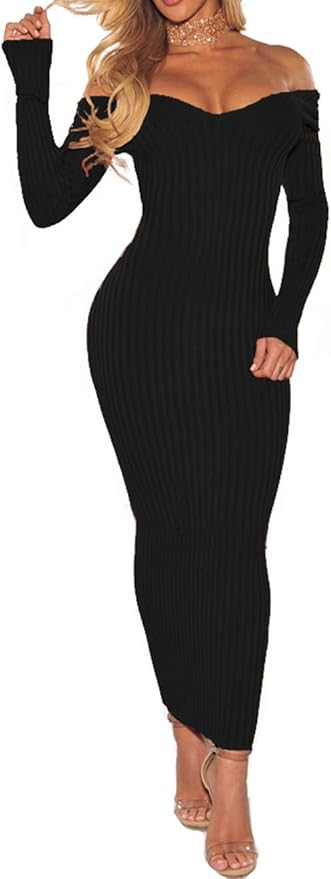 SheKiss Women's Off Shoulder Long Sleeves Bodycon Sweater Dress Sexy Knit Slim Cardigans