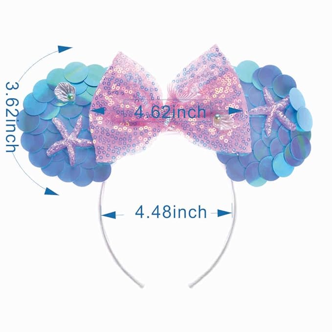 WW-WONDERFULWORLD Mouse Ears Headband With Shiny Mermaid Sequins & Bow, for Girls Costume Cosplay Glitter Ocean Party, for Kids & Adult, Blue; MRY1