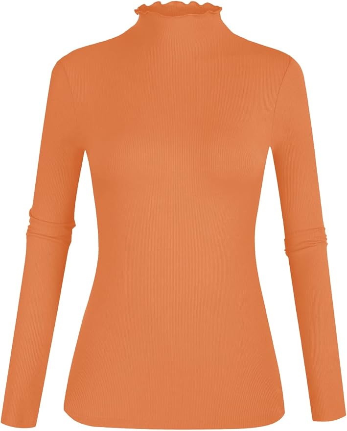 POPZONE Women's Lettuce Trim Mock Neck Long Sleeve Slim Fit Ribbed Knit Tee Shirt Tops
