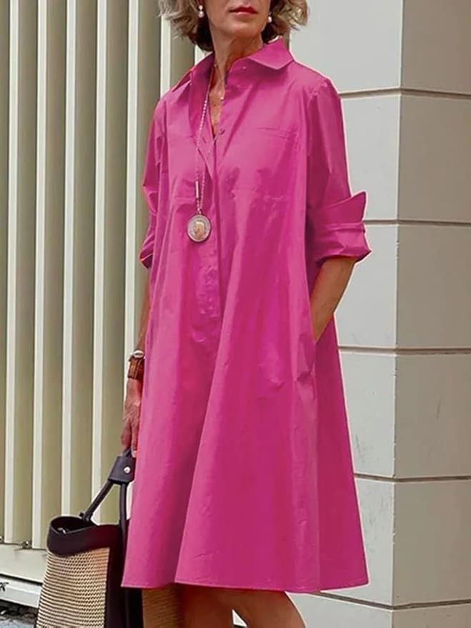 Womens 2025 Long Sleeve Button Down Shirt Summer Dress Casual V Neck Loose Fit Midi Shirt Dresses with Pockets