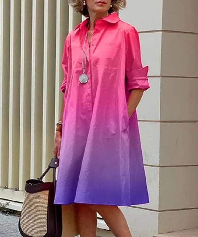 Womens 2025 Long Sleeve Button Down Shirt Summer Dress Casual V Neck Loose Fit Midi Shirt Dresses with Pockets