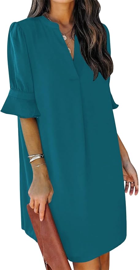 QACOHU Summer Dresses for Women V Neck Ruffle Short Sleeve Casual Shift Dress