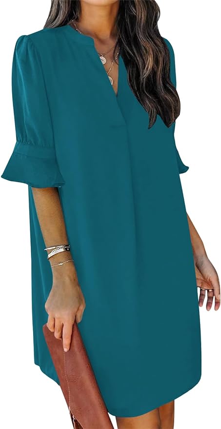 QACOHU Summer Dresses for Women V Neck Ruffle Short Sleeve Casual Shift Dress