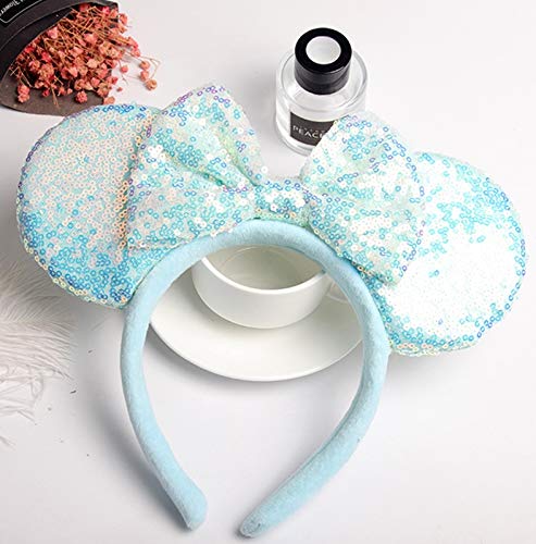WW-WONDERFULWORLD Blue Mouse Ears Headbands With Bow & Sequins, for Cartoon Princess Costume Cosplay Decoration, Glitter Party for Women & Adult; FG1L (Soft Flannel Unisex)