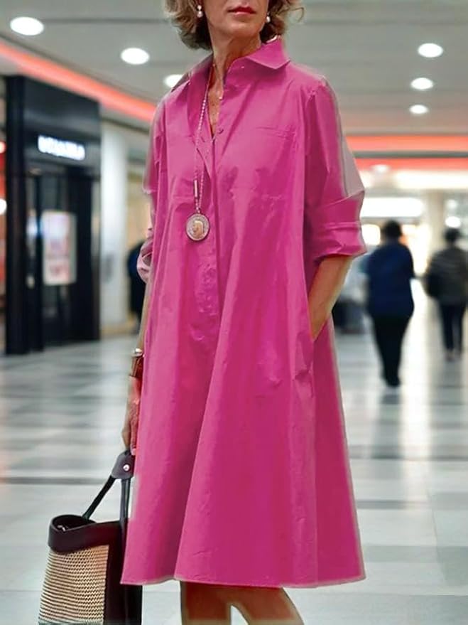 Womens 2025 Long Sleeve Button Down Shirt Summer Dress Casual V Neck Loose Fit Midi Shirt Dresses with Pockets
