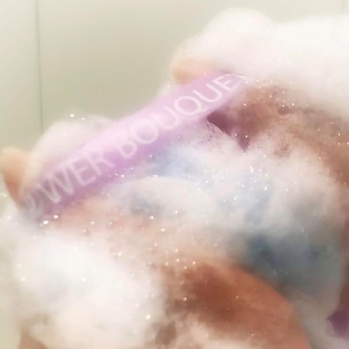 SHOWER BOUQUET Loofah Bath-Sponge XL Swirl-Deep-4-Pack // Extra Large 75g Soft Mesh Net Luffa Loofa Loufa Lufa Puff Set/Exfoliating Body Scrubber for Women and Men - Exfoliate & Soothe Face & Body