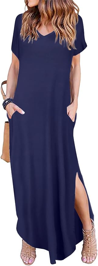 Arolina Women's Summer Maxi Dress Short Sleeve V Neck Casual Loose Long Beach Split Dresses with Pockets