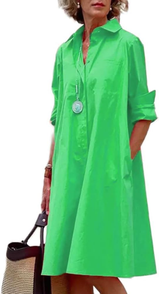 Womens 2025 Long Sleeve Button Down Shirt Summer Dress Casual V Neck Loose Fit Midi Shirt Dresses with Pockets