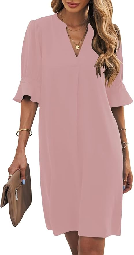 Wkior Shift Dress for Women V Neck Short Sleeves Solid Color Casual Flowy Summer Dresses(S-2XL)