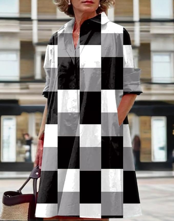 Womens 2025 Long Sleeve Button Down Shirt Summer Dress Casual V Neck Loose Fit Midi Shirt Dresses with Pockets