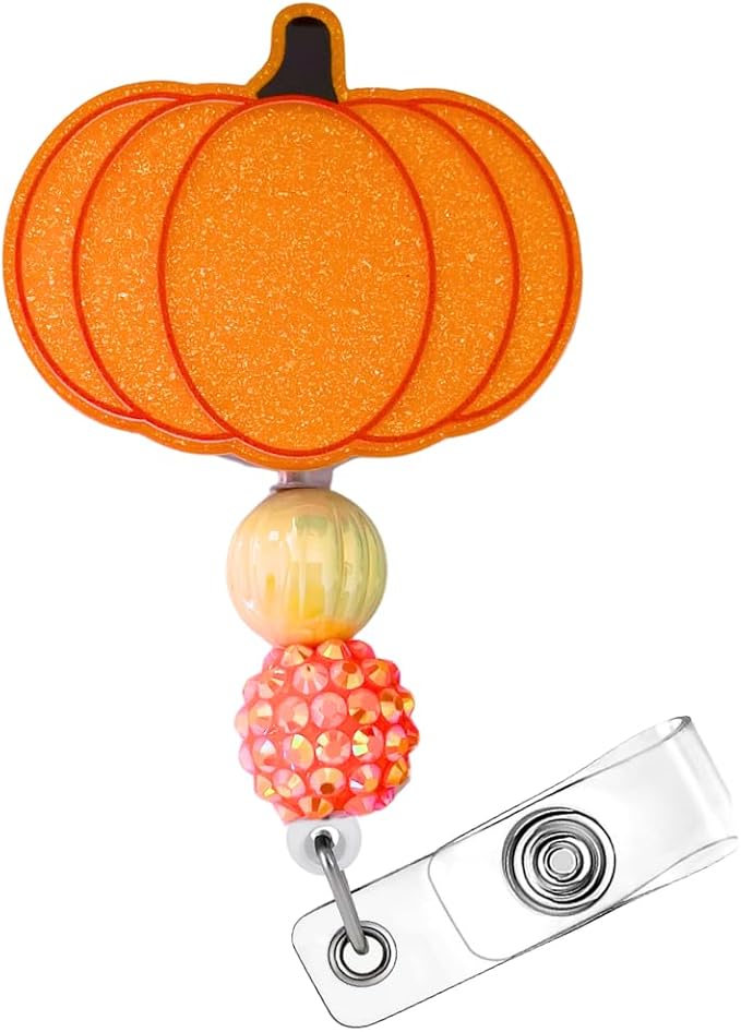 Pumpkin Badge Reel Cute Sparkling Orange Glittery ID Holder Retractable Clip Decorative Accessories Halloween Thanksgiving Gift RN Nurse Medical Assistant Student NICU Pharmacy Pediatric Healthcare