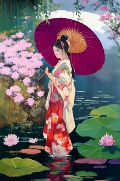 Kimono Woman in Flower Pond Wooden Puzzles, 300 Pieces Puzzle Extremely Challenging Puzzle Educational Puzzle Experience The Fun Process, Adults Bedroom Decor Office Decor 16 X 11.5 inch