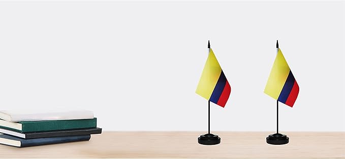 Colombia Colombian Deluxe Desk Flag Set Small Mini Miniature Colombia Colombian Table Desktop Flags With Solid Pole, Black Base and Spear Top(2 Pack)