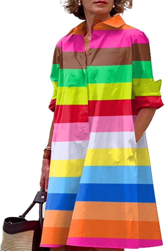 Womens 2025 Long Sleeve Button Down Shirt Summer Dress Casual V Neck Loose Fit Midi Shirt Dresses with Pockets