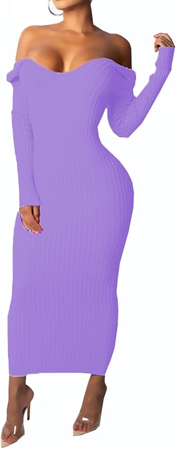 SheKiss Women's Off Shoulder Long Sleeves Bodycon Sweater Dress Sexy Knit Slim Cardigans