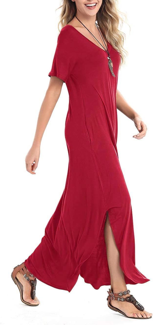 Arolina Women's Summer Maxi Dress Short Sleeve V Neck Casual Loose Long Beach Split Dresses with Pockets
