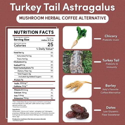 Teeccino Turkey Tail Astragalus Coffee Alternative - Toasted Maple - Adaptogenic Herbal Mushroom Coffee, Medium Roast, Caffeine Free, Prebiotic, Acid Free, All-Purpose Grind - 10 Oz
