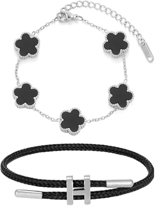 OSIRIDEH2 2-Piece Gold Bracelet Set for Women – Four Leaf Clover & H Letter Charm – Adjustable, Elegant, Korean Style Jewelry Gift