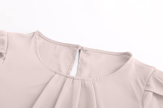 TASAMO Women's Casual Round Neck Basic Pleated Top Cap Sleeve Curved Keyhole Back Chiffon Blouse