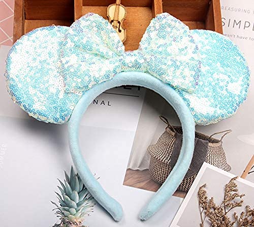 WW-WONDERFULWORLD Blue Mouse Ears Headbands With Bow & Sequins, for Cartoon Princess Costume Cosplay Decoration, Glitter Party for Women & Adult; FG1L (Soft Flannel Unisex)