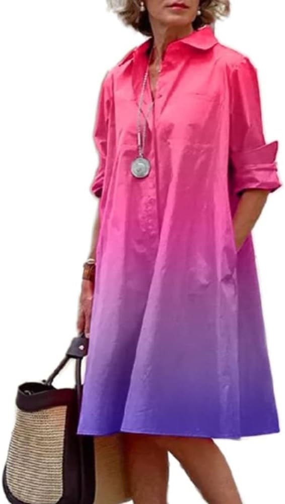 Womens 2025 Long Sleeve Button Down Shirt Summer Dress Casual V Neck Loose Fit Midi Shirt Dresses with Pockets