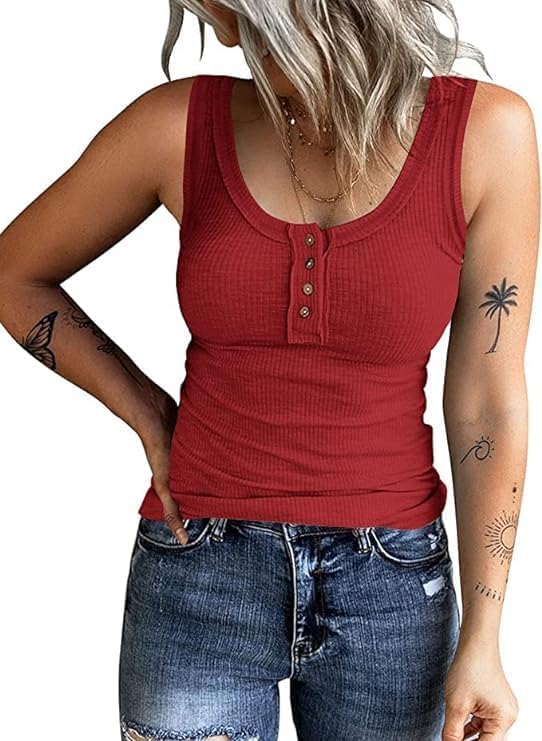 KINLONSAIR Women's Sleeveless Henley Tank Tops Ribbed V Neck Button Down T Shirts Summer Slim Fit Tee Tops