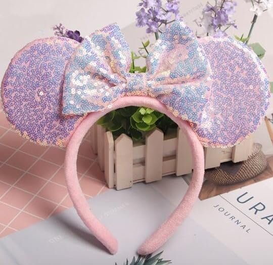 WW-WONDERFULWORLD Unisex Mouse Ears Headbands With Bow & Sequins, for Cartoon Princess Costume Cosplay Decoration, Glitter Christmas Party for Women & Adult; FG1 (Soft Flannel Pink)