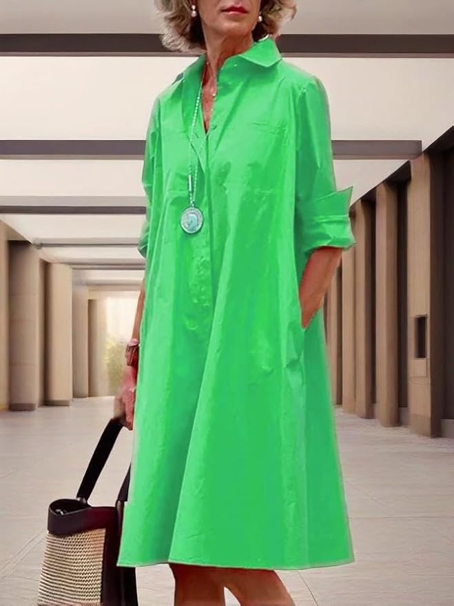 Womens 2025 Long Sleeve Button Down Shirt Summer Dress Casual V Neck Loose Fit Midi Shirt Dresses with Pockets