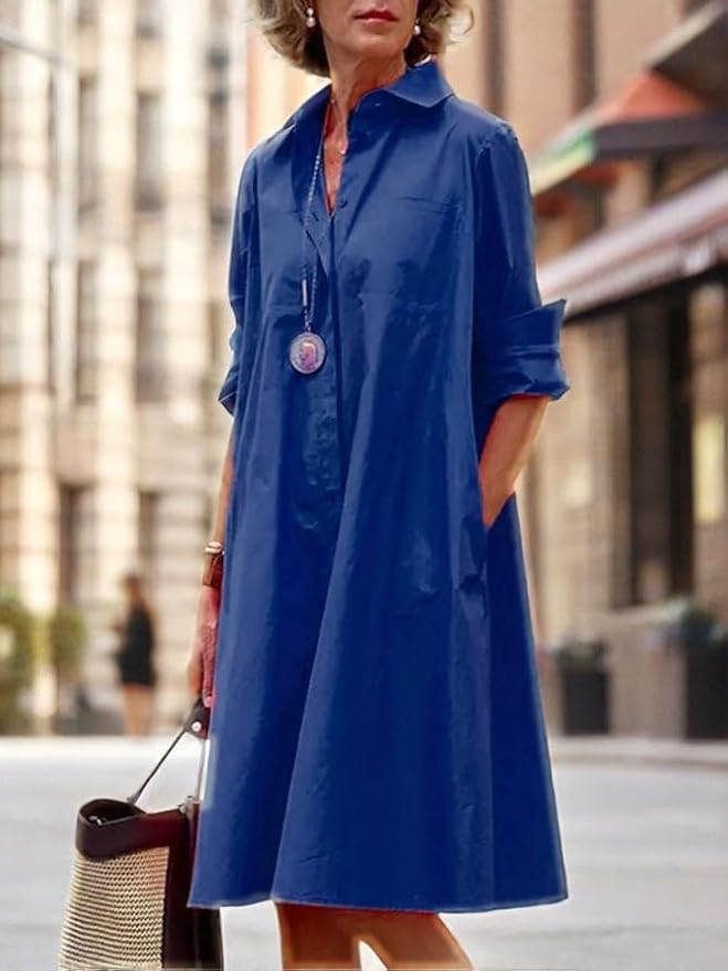 Womens 2025 Long Sleeve Button Down Shirt Summer Dress Casual V Neck Loose Fit Midi Shirt Dresses with Pockets