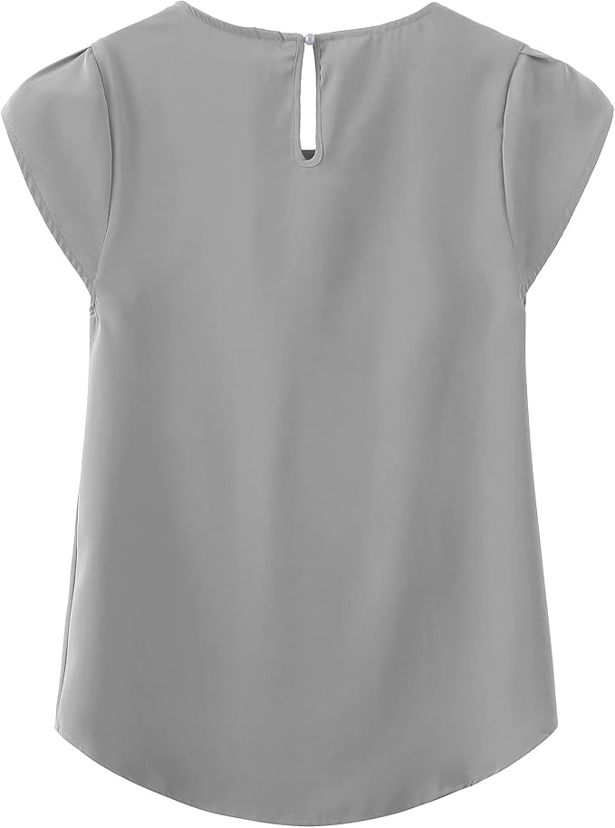 TASAMO Women's Casual Round Neck Basic Pleated Top Cap Sleeve Curved Keyhole Back Chiffon Blouse