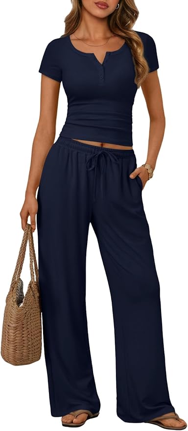 Trendy Queen Women's 2 Piece Matching Lounge Sets Summer Henley Neck Slightly Crop Top Wide Leg Pants Casual Sweat Suit