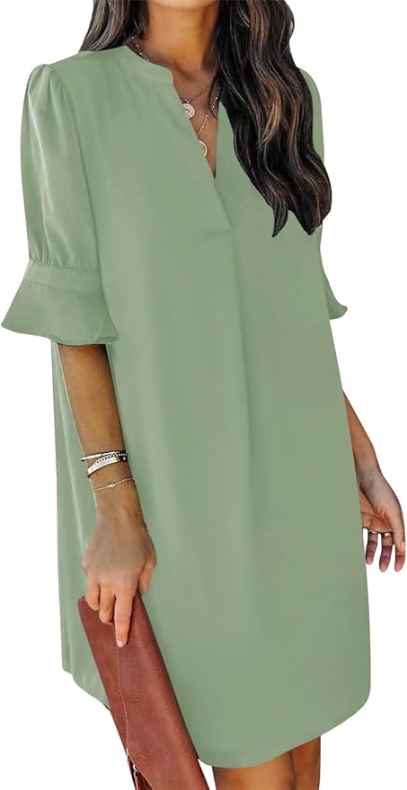 QACOHU Summer Dresses for Women V Neck Ruffle Short Sleeve Casual Shift Dress