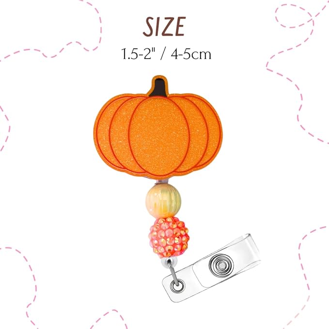 Pumpkin Badge Reel Cute Sparkling Orange Glittery ID Holder Retractable Clip Decorative Accessories Halloween Thanksgiving Gift RN Nurse Medical Assistant Student NICU Pharmacy Pediatric Healthcare
