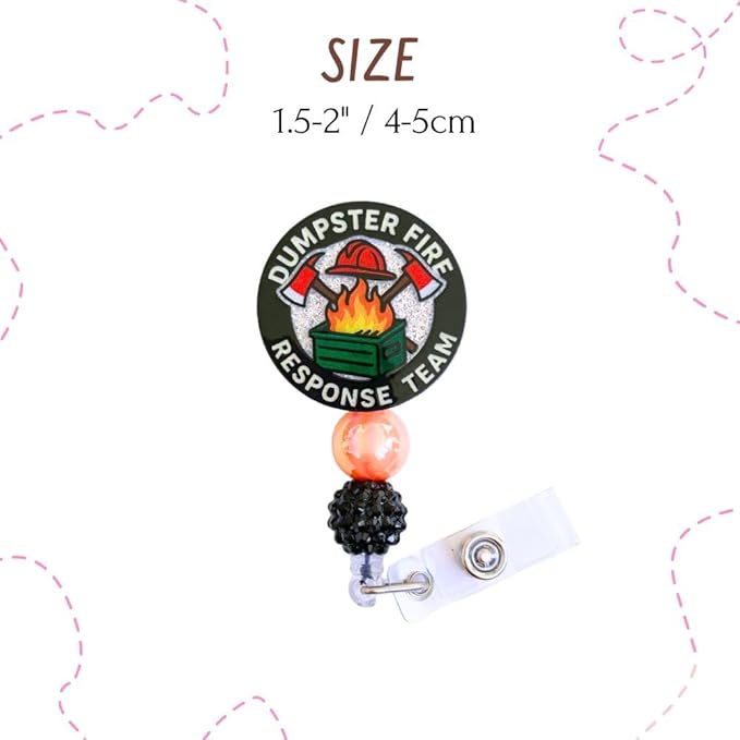 Dumpster Fire Rescue Team Beaded Badge Reel Cute Funny Humor Sarcastic Fire Response ID Name Holder Retractable Clip Decorative Work Office Accessories Gifts for Nurse Healthcare Workers Coworkers