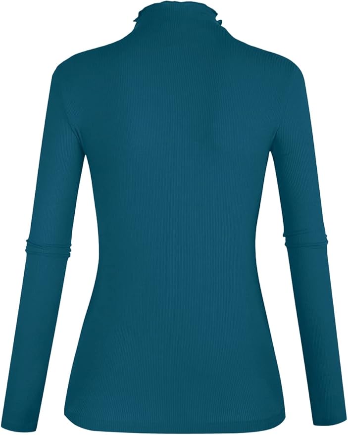 POPZONE Women's Lettuce Trim Mock Neck Long Sleeve Slim Fit Ribbed Knit Tee Shirt Tops
