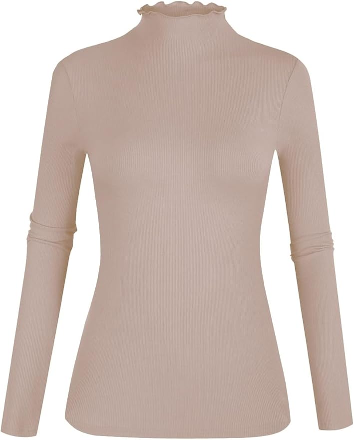 POPZONE Women's Lettuce Trim Mock Neck Long Sleeve Slim Fit Ribbed Knit Tee Shirt Tops