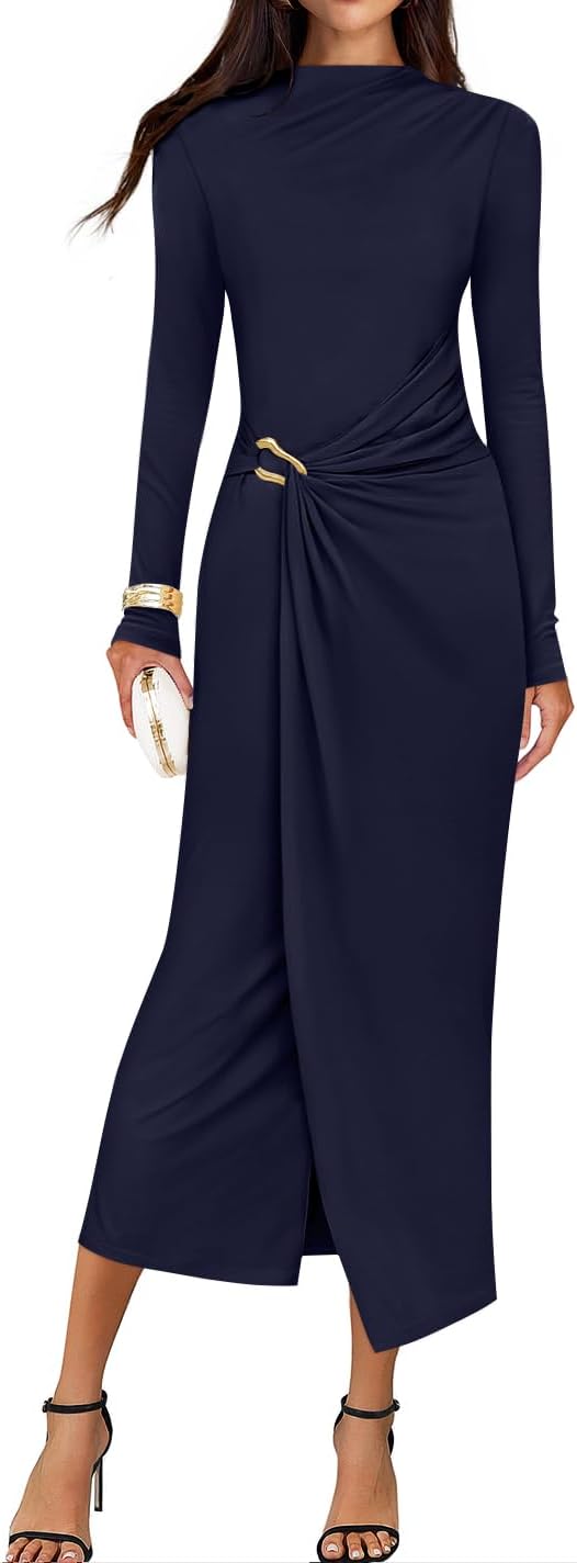 ZESICA Women's 2026 Spring Long Sleeve Bodycon Dress Mock Neck Wedding Guest Cocktail Party Long Midi Dresses