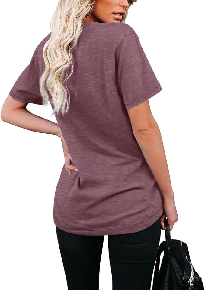 WIHOLL Women Summer T Shirts Short Sleeve Rounded V Neck Pocket Tee Tops