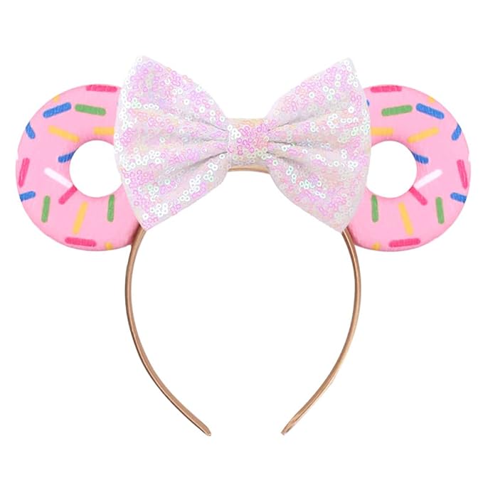 Foeran Mouse Ears Headbands Shiny Bows Mouse Ears Glitter Party Princess Decoration Cosplay Costume for Girls Women (donut pink)