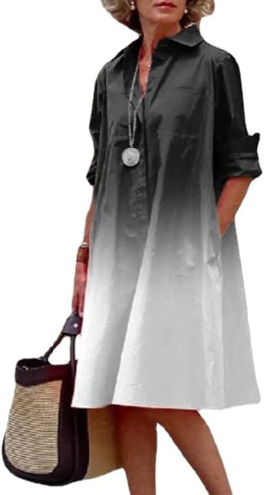 Womens 2025 Long Sleeve Button Down Shirt Summer Dress Casual V Neck Loose Fit Midi Shirt Dresses with Pockets