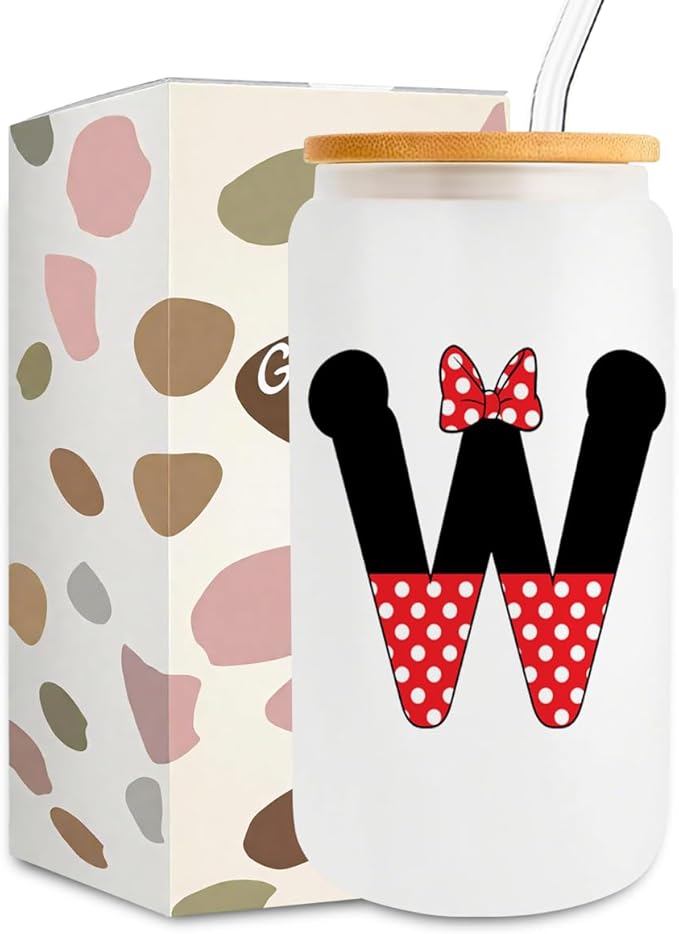 Cute Cartoon Mouse Lover Gifts Initial A-Z Personalized Iced Coffee Cup Magic Mouse Stuff Wizard Gift 16oz Glass Cup with Lid and Straws Birthday Christmas Gifts for Women Teen Girls (Letter W)