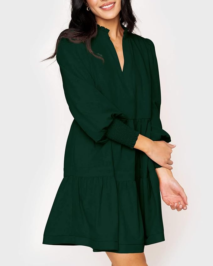 Imily Bela Womens Fall Long Sleeve Tunic Dress Casual V Neck Loose Ruffle Tiered Dress