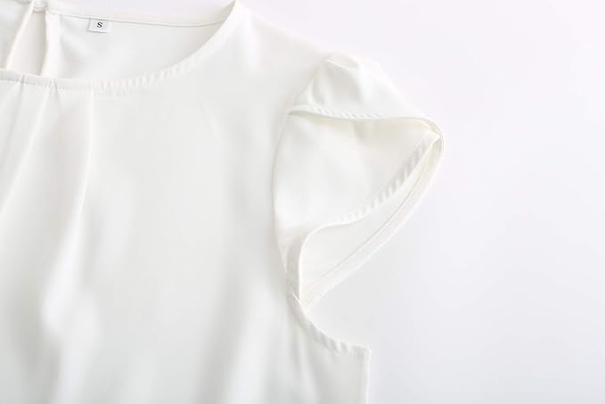TASAMO Women's Casual Round Neck Basic Pleated Top Cap Sleeve Curved Keyhole Back Chiffon Blouse