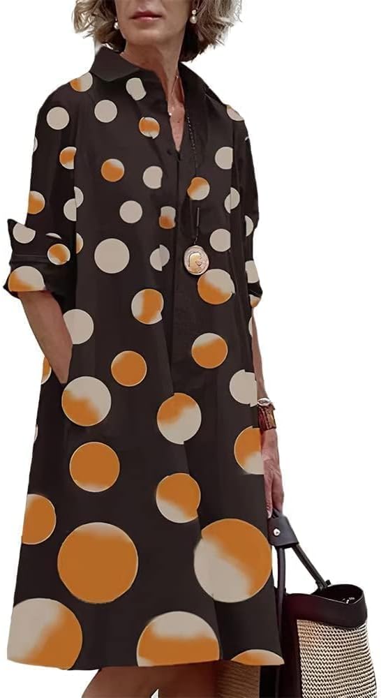Womens 2025 Long Sleeve Button Down Shirt Summer Dress Casual V Neck Loose Fit Midi Shirt Dresses with Pockets