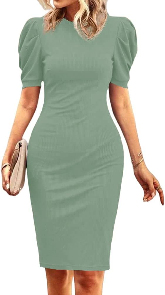 Cicy Bell Women's Puff Sleeve Bodycon Work Dresses Crew Neck Business Casual Office Pencil Dress